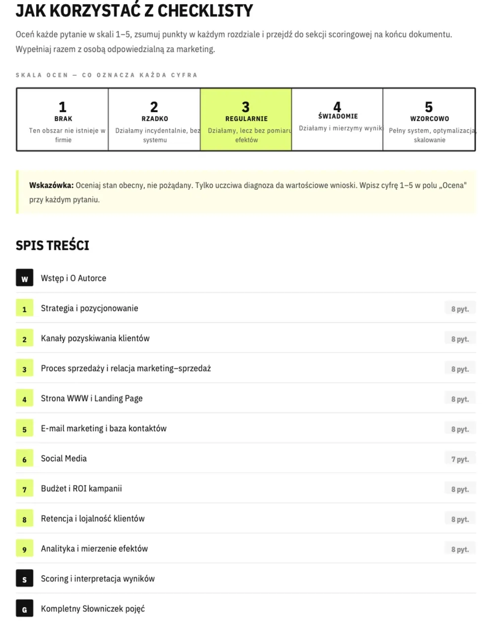 Skala ocen 1–5 i spis treści (9 rozdziałów)